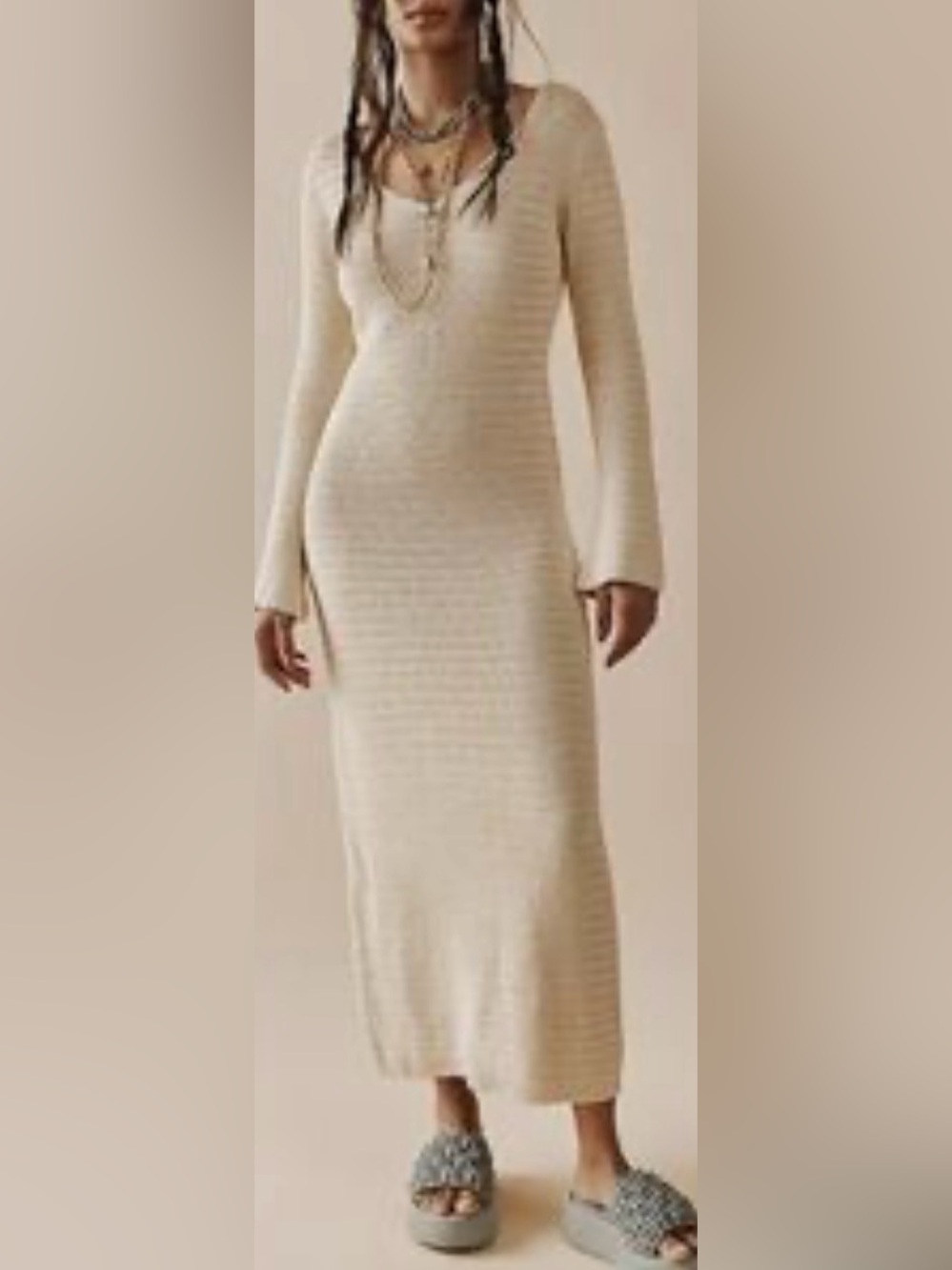 FP Beach Cream Open Knit Crochet Long-Sleeve Dress